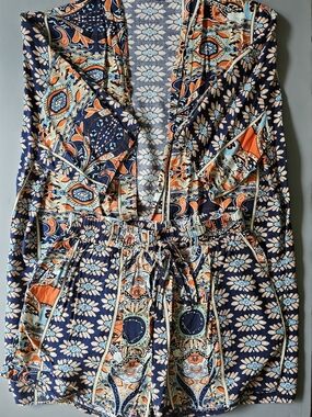 SHEIN Navy & Orange Floral Print Romper Jumpsuit